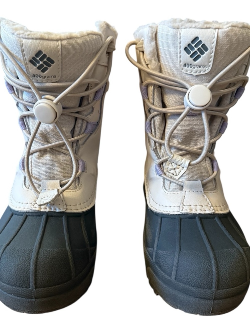 Columbia Kids White and Black Insulated Snow Boots with Lavender Accents